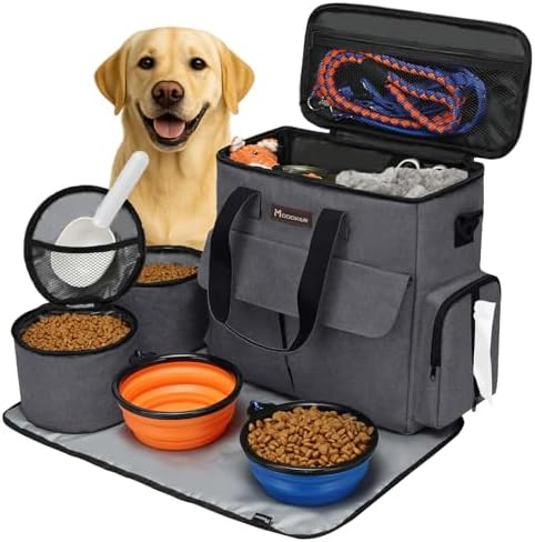 Modoker Weekend Dog Travel Bag with 2 Food Bags, 2 Bowls and Mat, Dark Gray by Modoker