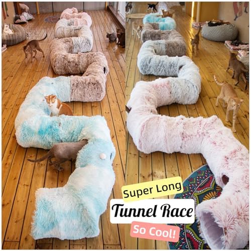 XxingSheep 4 Cave Shuttled XL Cat Tunnel Bed for Indoor Cats Peekaboo Toy Donut with Warm Mat, Yellow-Brown - Image 5