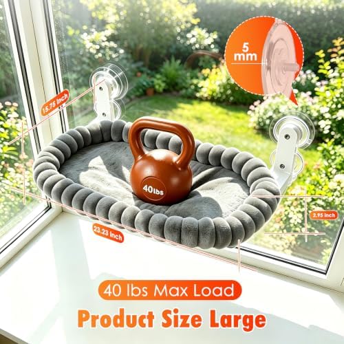 IPOW Cat Window Perch Cordless Foldable Cat Hammock Bed for Window with 4-Sided Bolster, Sturdy Metal Frame & Strong Suction Cups Window Hammock for Large Cats and Kittens 23.3 * 15.8in(Gray) - Image 4