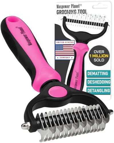 Maxpower Planet Hair Brush - Double Sided Shedding, Dematting Undercoat Rake for Dogs, Cats - Extra Wide Dog Grooming Brush, Pink by MaxpowerPlanet