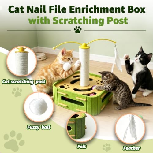 Cat Nail File Scratcher Boxs,Interactive Cats Puzzle Toys with Sisal Column Bell Balls,Indoor Cat Maze Hunting Game Toy for Scratching Mental Stimulation Boredom Relief - Image 3