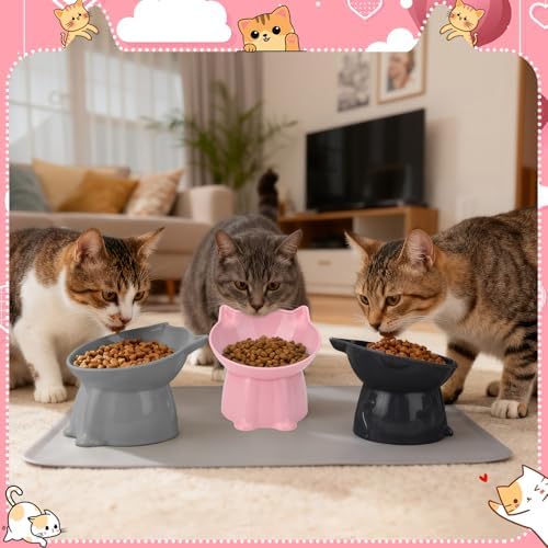 3 Pcs Elevated Cat Bowls 15°Raised Cat Food Bowl with Silicone Mat Grey - Image 7