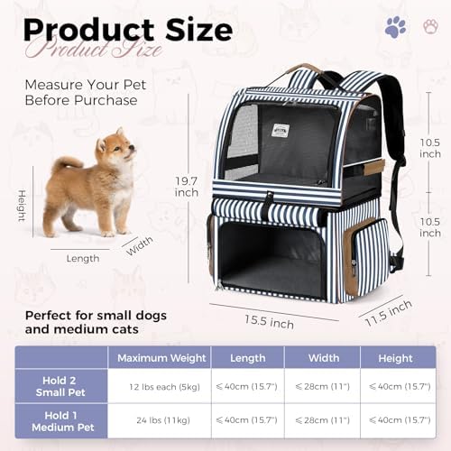 Double Cat Backpack Carrier for 2 Cats, Double-Compartment Pet Carrier Backpack for 2 Small Cat or One Medium Cat, Cats Carrier Backpack Dog Carrier Backpack Fits Up to 24 Lbs,Blue Striped - Image 2