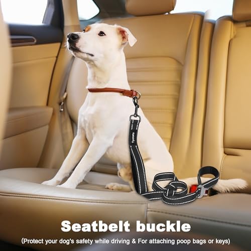 6 Foot Black Dog Leashes for Large Medium and Small Breed Dogs That Pull,Reflective Nylon Heavy Duty Dog Leash with 2 Comfortable Padded Traffic Handles and Car Seat Belt for Walking and Training - Image 3