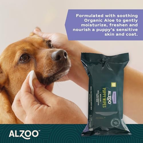 ALZOO Puppy Wipes for Sensitive Skin, Grooming Wipes with Organic Aloe Vera, Daily Cleaning for Paws, Coat, Face & Body, Sweet Milk Scent, 100 Count, Made in USA - Image 3
