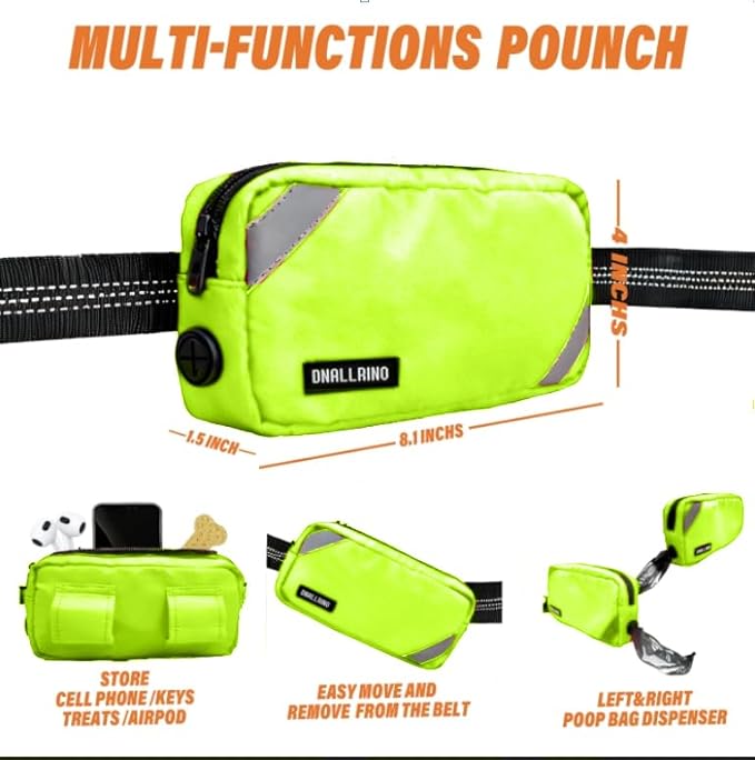 Hands Free Dog Leash with Waterproof Pouch, Adjustment Bungee Leash with Dual Soft Padded Handles for Hiking, Walking, Jogging and Running Your Dogs(neon Green)