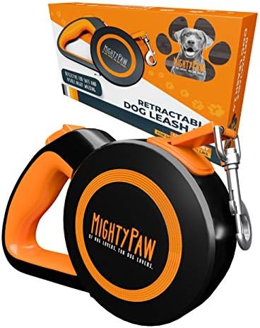 Mighty Paw Retractable Dog Leash 2.0 | 16' Heavy Duty Reflective Nylon Tape Lead for Pets up to 0-50 lbs. Tangle Free Design W/One Touch Quick-Lock Braking System & Anti-Slip Handle (Orange/Lite) by MightyPaw