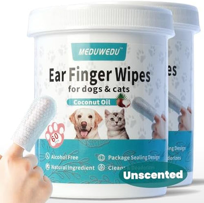MEDUWEDU Ear Cleaner Finger Wipes 120 Counts, Dog Ear Cleaner, Grooming Kit Care for Dogs and Cats, Soft & Easy Otic Cleaning Pads, Remove Wax, Dirt & Stop Smelly, Itchy, Non-Irritating, Unscented by MEDUWEDU