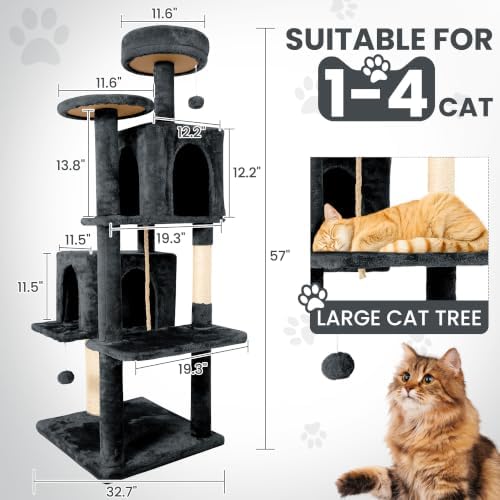 57inch Large Cat Tree Tower Condo for Indoor Cats, Soft Plush Multi-Level Climbing Tree Cat House with Cat Cave, Scratching Post, More Entrance/Exit, Sisal Rope, Grey Black - Image 2