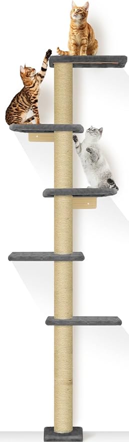 PAWSCRAT Wall-Mounted Cat Tree, 5 Tier Floor to Ceiling Cats Tower, 80 Inch Wall-Mounted Cat Scratching Post, Space Saving Cat Furniture and Easliy Climb for All Cats, Darkgery