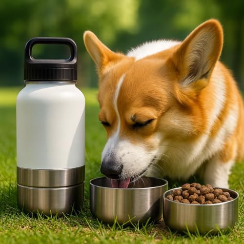 Portable Dog Water Bottle 3-in-1, 32 oz Stainless Steel Travel Dog Water Dispenser with Food Container & Double Bowls, Leakproof for Walking, Hiking & Travel (White) - Image 3