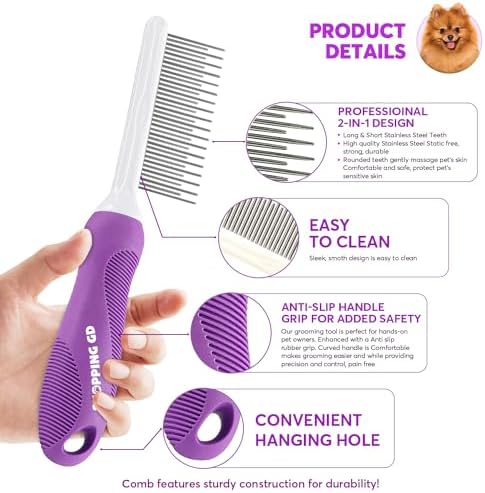 Detangling Pet Comb for Dogs & Cats with Long & Short Stainless Steel Metal Teeth for Removes Tangles and Knots - Detangler Grooming Tool for Dematting Matted Fur. - Image 2