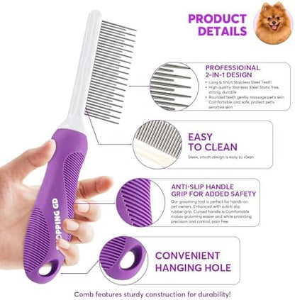 Detangling Pet Comb for Dogs & Cats with Long & Short Stainless Steel Metal Teeth for Removes Tangles and Knots - Detangler Grooming Tool for Dematting Matted Fur. - Image 2