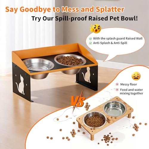 Elevated Cat Bowls with Splash Proof, 12°Tilted No Spill Raised Cat Food Water Bowls Set, Stainless Steel Pets Dishes with Adjustable Cute Metal Stand for Indoor Kitten Puppy, Anti-Vomiting - Image 2