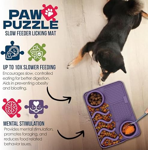 Palz&Co Paw Puzzle 2-in-1 Slow Feeder & Lick Mat for Dogs and Cats, Dry and Wet Food, Dishwasher Safe Silicone, Medium 12"x8", Purple - Image 2