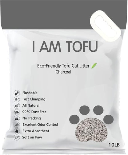 I AM TOFU - Natural Flushable Tofu Cat Litter, Low Dust Lightweight Clumping Litter, Odor Control (10 lb Bag, Charcoal)