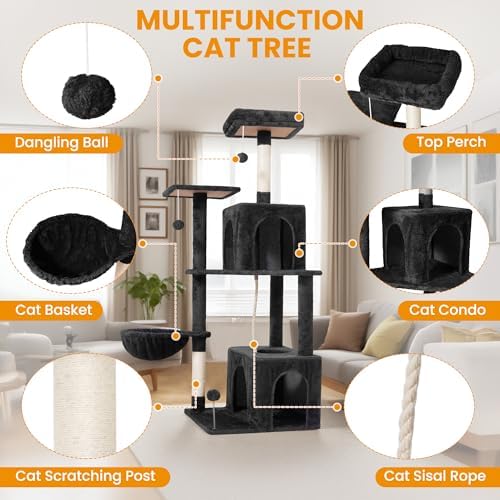 54-Inch Cat Tree Tower with 2 Caves & 2 Pompoms - Multi-Level Tower for Indoor Cats, Soft Plush Condo with Scratching Posts - Sturdy Base for Large Cats(Black) - Image 5