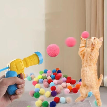 50pcs Cat Toy Ball Launcher Set Fun Colorful Plush Self Play Toys Pom Balls Shooting Interactive for Indoor Cats Enrichment Kittens Puff Ball Playing (Launcher with 50 Balls)