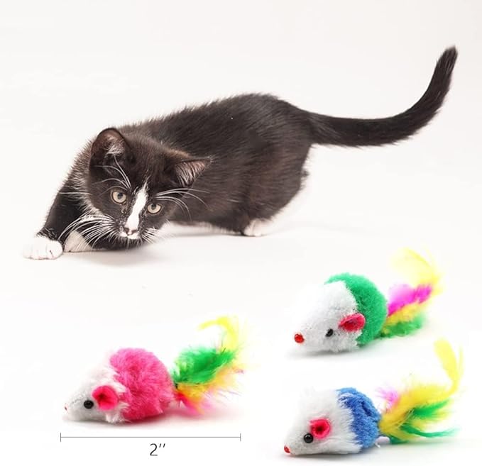 pawstrip Cat Mouse Toys 12 Pcs Rattle Mice for Indoor Cats Furry Feather Fake Mouse Kitten Interactive Play Squeaky Fur Mice Cat Toy Funny Kitty Tracking Game with Rattling Sounds