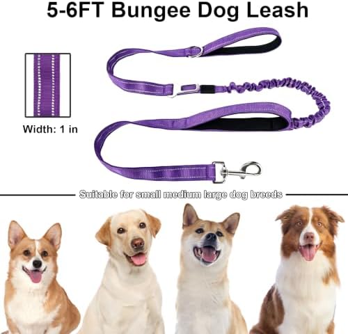 Bungee Dog Leash 5FT-6FT Shock Absorbing, Heavy Duty Tactical Dog Lead with Padded Double Handles, Car Seat Belt, No Pull Reflective Training Leashes for Medium Large Dogs (Purple) - Image 6