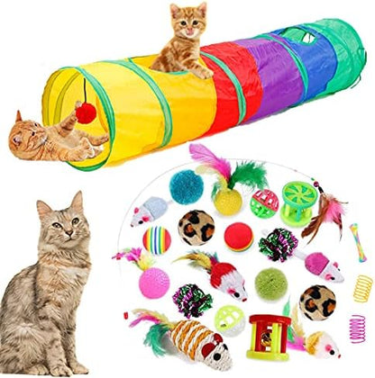 32Pcs Cat Toys Kitten Interactive Pet Toys Assortments, Foldable Rainbow Tunnel, Cat Feather Teaser Wand Interactive Feather Toy Fluffy Mouse Crinkle Balls Bell Play for Cat Puppy Kitty Kitten(2 way) by ISMARTEN