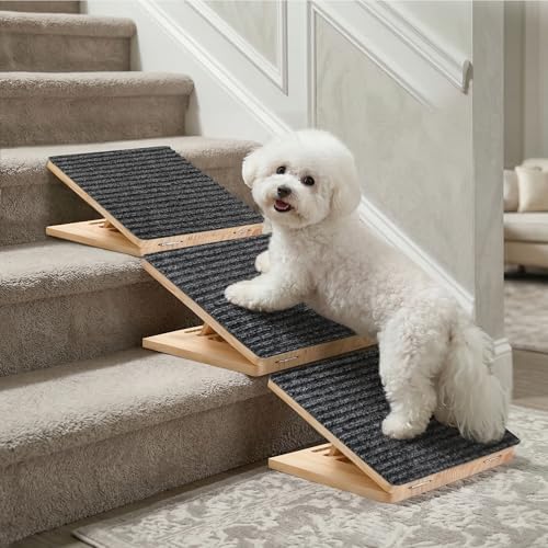 Dog Ramp for Stairs 3 Pack - Adjustable Wooden Stair Wedges for Small Dogs, Foldable Indoor Dog Stair Ramp with Triangular Support and Non-Slip Pads for Senior and Short-Legged Pets by Rayki