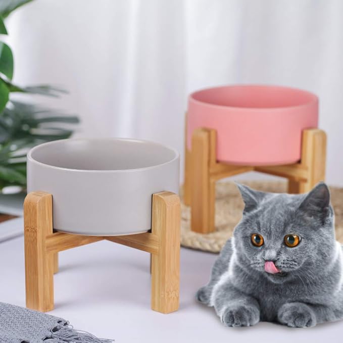 Pink Ceramic Elevated Raised Cat Bowl with Wood Stand No Spill Pet Food Water Feeder Cats Small Dogs