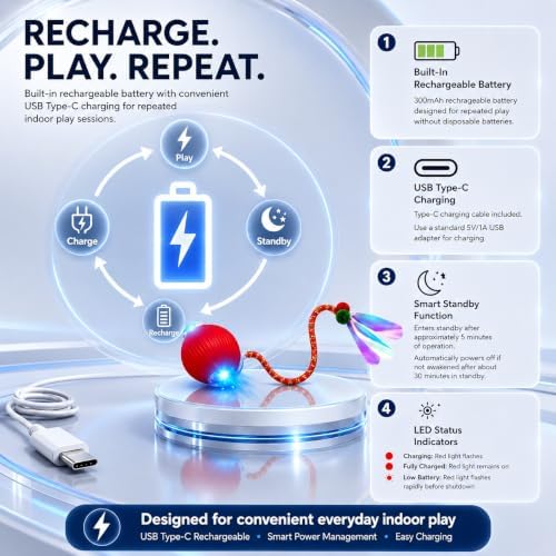 Interactive Cat Toy Ball, Automatic Cat Toy with Bird Chirping Sound, 3 Play Modes & 2 Tails,Rechargeable Smart Moving Pet Toy,Speedy Tail 2.0 Cat Toy,Cat Toys Interactive for Indoor Cats & Small Dogs - Image 7