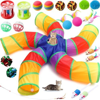 Poen 21 Pcs Cat Tunnel for Indoor Set Collapsible 5 Way Tubes with 20 Pcs Cat Kitten Toys Interactive Feather Toy Mouse Crinkle Balls Tube for Puppy Kitten Rabbit(Colorful) by Poen