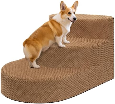 Dog Stairs 3 Steps Foam Pet Ramp for Small Dogs Cats, Khaki by NECKORY