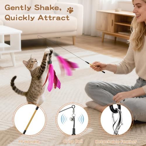 Pawaboo Cat Feather Wand Interactive Toy, 6 Feathers + 1 Wand with Bell - Image 4