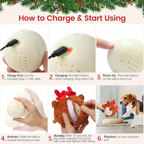 Senneny Christmas Dog Toys, Interactive Dog Toys Reindeer, Random Path Electric Automatic Moving and Rolling Dogs Toy, Motion-Activated Dog Ball with Plush Cover USB Rechargeable - Image 5