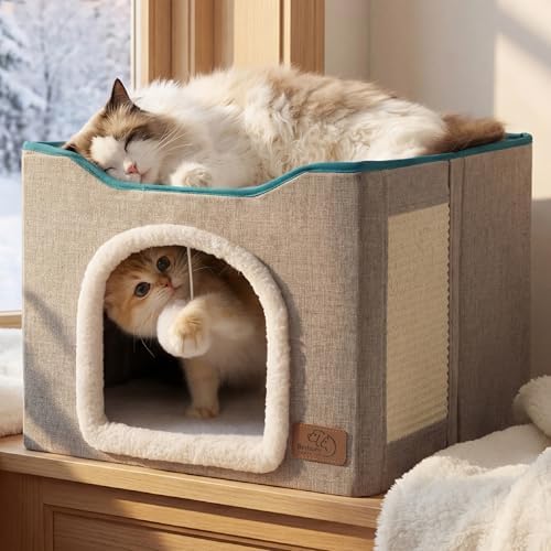 Bedsure Cat House Bed for Indoor Cats with Fluffy Ball and Scratch Pad,Grey by BEDSURE