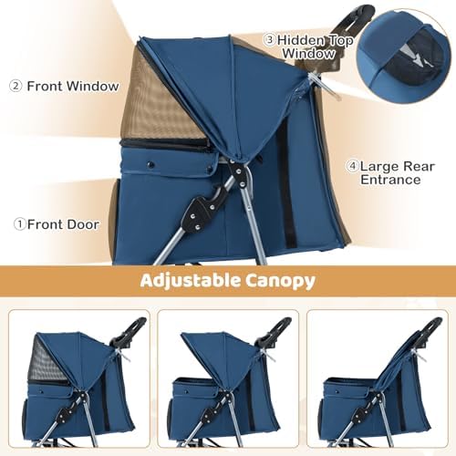 3 Wheels Dog Stroller, Foldable Pet Stroller for Small/Medium Dogs Cats, Cat Carrier with Storage Basket and Cup Holder, Pet Car Seat with Soft Pad (Navy Blue) - Image 6
