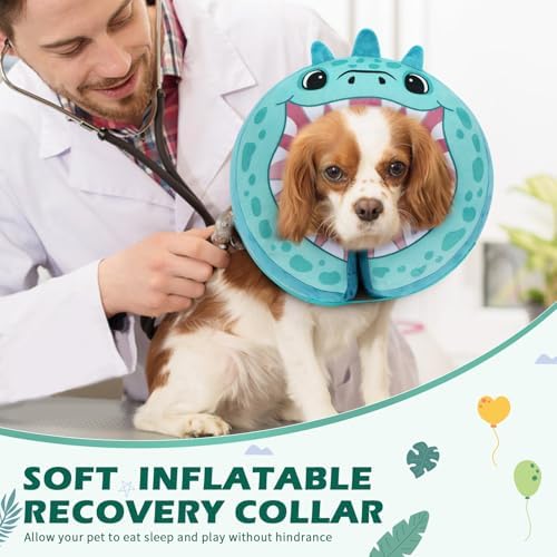 IEUUMLER Inflatable Recovery Dog Collar, Protective Donut Cone, Adjustable Soft Collar for Dog and Cat After Surgery Prevent from Biting & Scratching EU002 - Teal Dinosaur L+ - Image 3