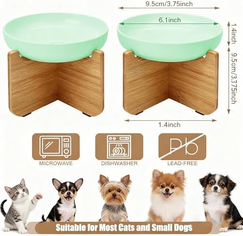 Shallow Elevated Cat Bowls with Bamboo Stand, 6.1 Inch Wide Ceramic Cat Dish Whisker Friendly, 2 Pack Pet Food and Water Plates - Image 2