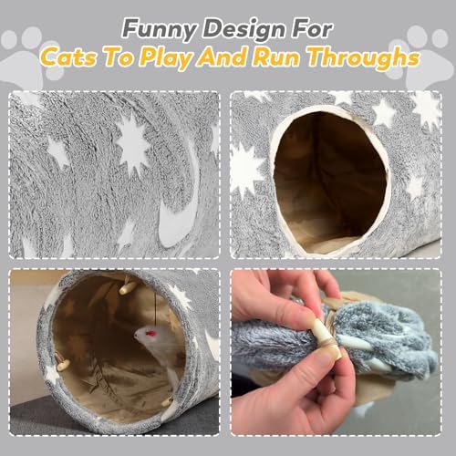 Cat Tunnels for Indoor Cats with Plush Toys Glows in The Dark Dog Cat Tunnel Tube Toys Photoluminescent for Indoor Cats Small Dogs Puppy Kitten Rabbit Bunny Ferret Pet Gray - Image 6