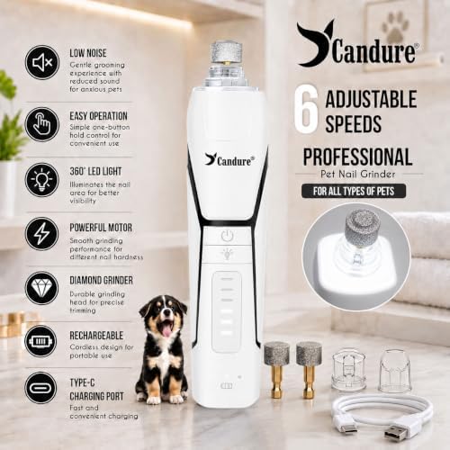 Candure Dog Nail Grinder Upto 6-Speed Dog Nail Trimmer for Large, Medium, Small Dogs, Cats & Pets - Low Noise Rechargeable Dog Claw Grinder with 360° LED Lights & Extra Grinder Head (White) - Image 2