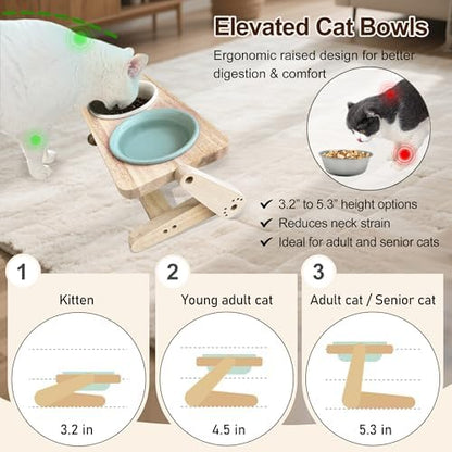 Elevated Cat Bowl, 12 Ounce Ceramic Raised Cat Bowl for Dry and Wet Food, 2 Dishs with Adjustable Wood Stand, for Indoor Kitten, Cats and Puppy, Dishwasher Safe (Cream+Green - Image 3