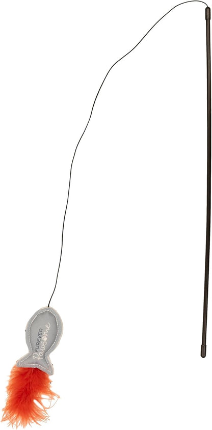 Pavilion - Furever Pawsome - Canvas Fish Stretchy String Feather Wand Teaser Interactive Indoor Chase Exercise Handle Play Stick Kitty Kitten Feline Cat Toy