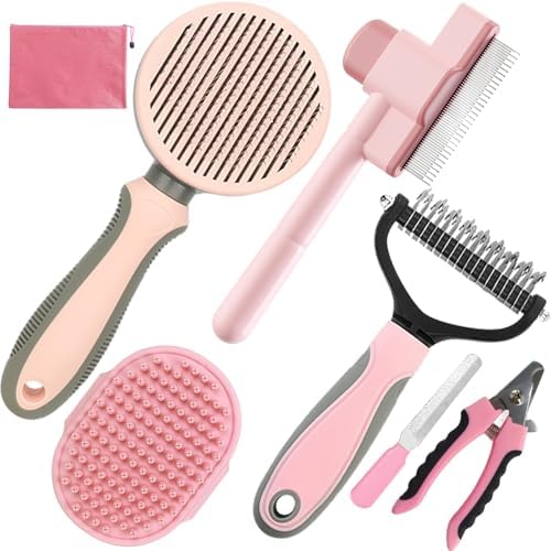 Pet Grooming Kit - 7 PCS Deshedding Brush Set with Slicker, Undercoat Rake, Bath Brush & Nail Clipper for Short & Long Haired Dogs, Cats (Pink) by KUEIOX