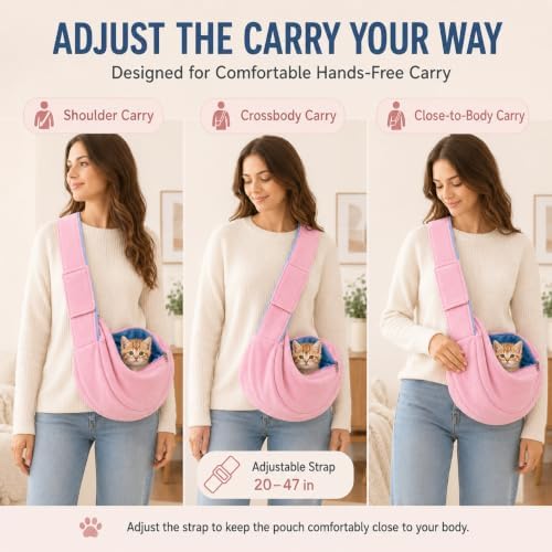 Cat Sling Carrier for Cats and Kittens, Soft Fleece Pet Sling Carrier Bag with Adjustable Shoulder Strap, Hands-Free Puppy and Small Dog Carrier Sling Travel Pouch for Small Pets Under 10 lbs, Pink - Image 6
