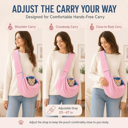 Cat Sling Carrier for Cats and Kittens, Soft Fleece Pet Sling Carrier Bag with Adjustable Shoulder Strap, Hands-Free Puppy and Small Dog Carrier Sling Travel Pouch for Small Pets Under 10 lbs, Pink - Image 6