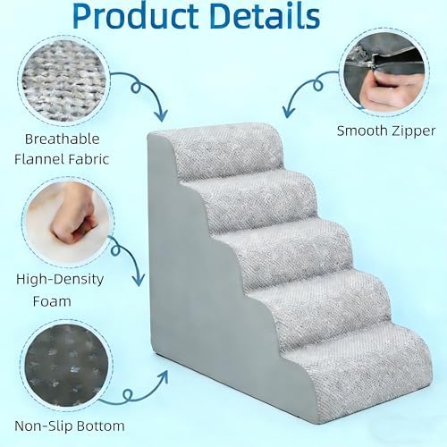 Simple Deluxe Dog Stairs for Small Dogs, 5-Step Curved Dog Step for Puppy, Older Cat, Medium Pet Ramp for Sofa, Couch or Chair, Indoor Non-Slip Pet Ladder with High Density Foam, Gray - Image 4