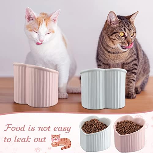 Mumufy 2 Pcs Ceramic Elevated Cat Bowls Tilted Elevated Raised Pet Bowls Anti Vomit Cat Dish for Indoor Stress Free Water Dish Feeder for Puppies, Heart Shaped(Pink, White) - Image 6