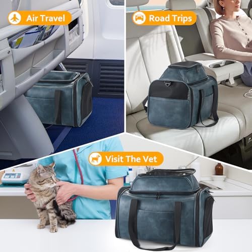 Premium Leather Top Expandable Pet Carrier for Small Dogs & Cats Under 15 lbs, Airline Approved Collapsible Soft-Sided Luxury Travel Bag Blue - Image 6