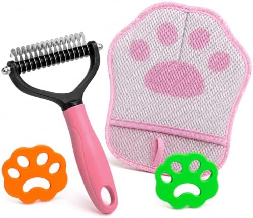 4PCS Pet Grooming Tool Kit with Double-Sided Undercoat Rake for Dogs, Pet Hair Removal Glove for Dog, 2 Reusable Silicone Pet Hair Removers for Laundry, Furniture, Clothes, Couch,Deshed Brush for Cats by Unknown