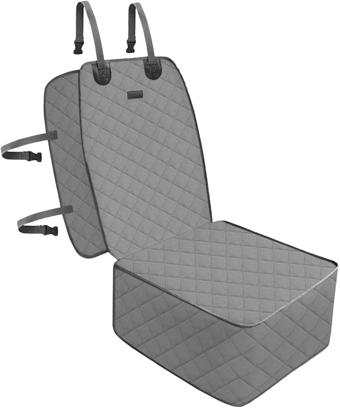FURHAB Dog Car Front Seat Cover with Side Flaps & Buckle Straps for Pet, 100% Waterproof 600D Oxford Single Seat Protector Heavy Duty Quilted Scratch Proof, Universal Size for SUV Truck, Grey