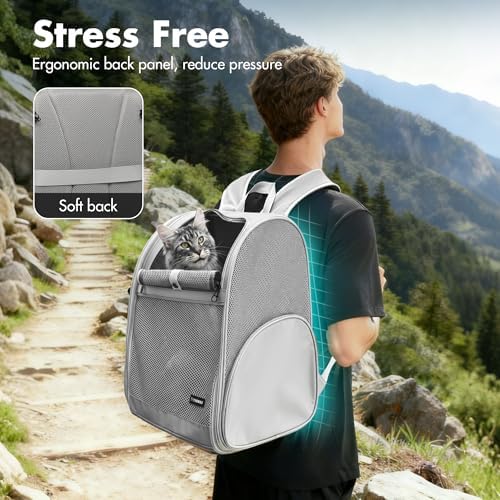 Pet Backpack Carrier ，Large Cat Carrier Backpack Up to 20 Lbs with Breathable Mesh, for Medium Large Cats or Small Dogs, Travel Hiking Camping Backpack (Gray-XL) - Image 6