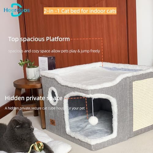 Cat Bed for Indoor Cats,Covered Cat Cave House & Furniture with Scratch Pad,Foldable Cat Hideaway Hut Cute Cat Condo with Soft Washable Mat for Multi Small Pet Under 30 lbs,Light Grey - Image 2